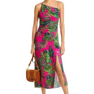 FARM RIO PINK/GREEN LEAVES ASYMMETRIC MIDI VISCOSE DRESS TROPICAL SIZE SMALL